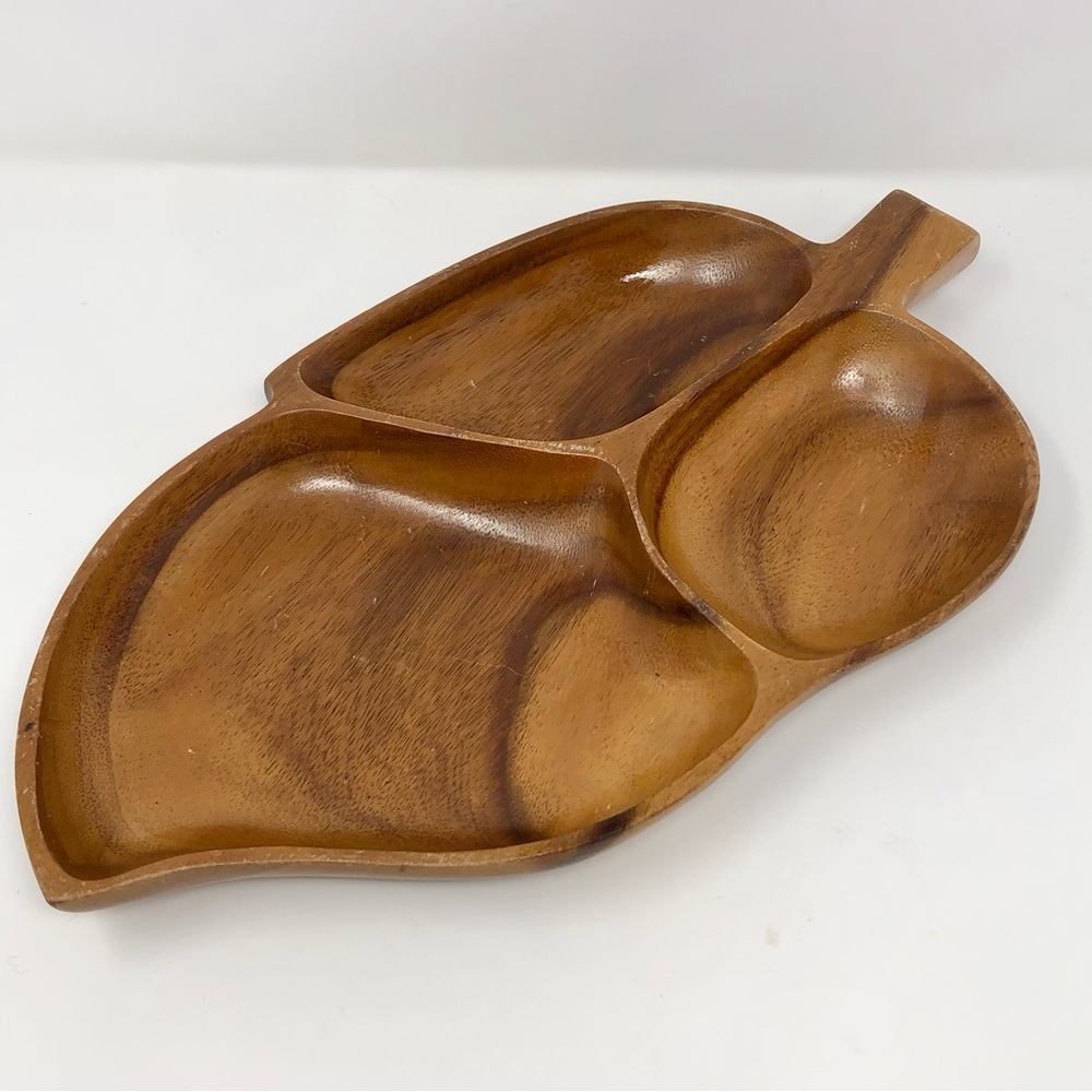 Alii Woods Honolulu Vintage MCM Leaf Monkey Pod Wood Divided Relish Snack Plate